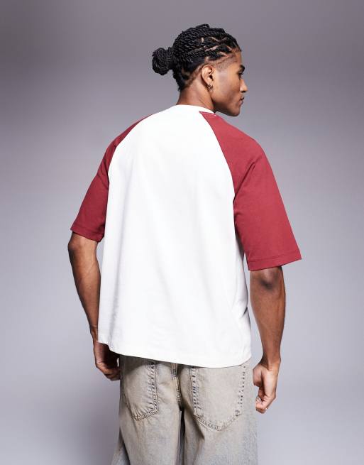 ASOS DESIGN - T-shirt squadrata comoda color panna e rossa con maniche raglan e grafica , 3 di 4