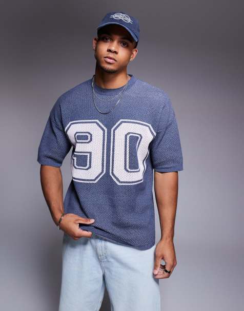 ASOS DESIGN - T-shirt squadrata comoda in maglia airtex blu navy con grafica anni '90 - view 1