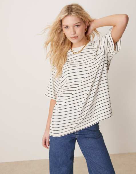 ASOS DESIGN - T-shirt squadrata con maniche raglan blu navy a righe vintage - view 1
