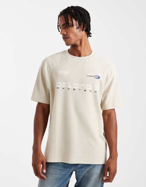 ASOS DESIGN - T-Shirt squadrata in tessuto pesante raglan beige con grafica sportiva con lavorazione a nido d'ape
