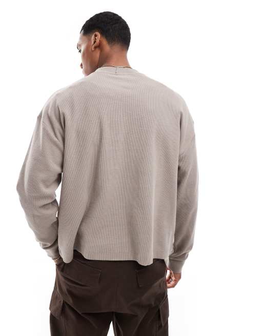 ASOS DESIGN - T-shirt squadrata oversize a maniche lunghe color pietra a coste , 4 di 4