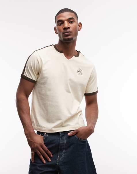 ASOS DESIGN - T-shirt squadrata oversize beige con grafica sul petto e profili a contrasto - view 1