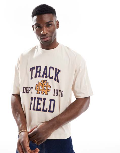 ASOS DESIGN - T-shirt squadrata oversize beige con grafiche stile college - view 1