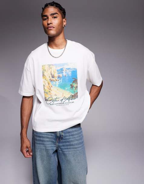 ASOS DESIGN - T-shirt squadrata oversize bianco sporco con stampa di paesaggio - view 1