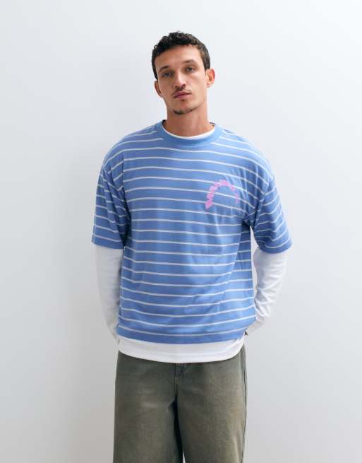 ASOS DESIGN - T-shirt squadrata oversize blu a righe con grafica, 3 di 5