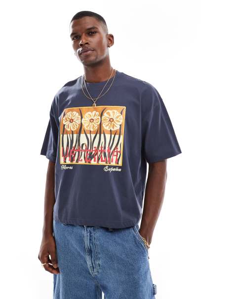 ASOS DESIGN - T-shirt squadrata oversize blu navy con grafica con fiori - view 1