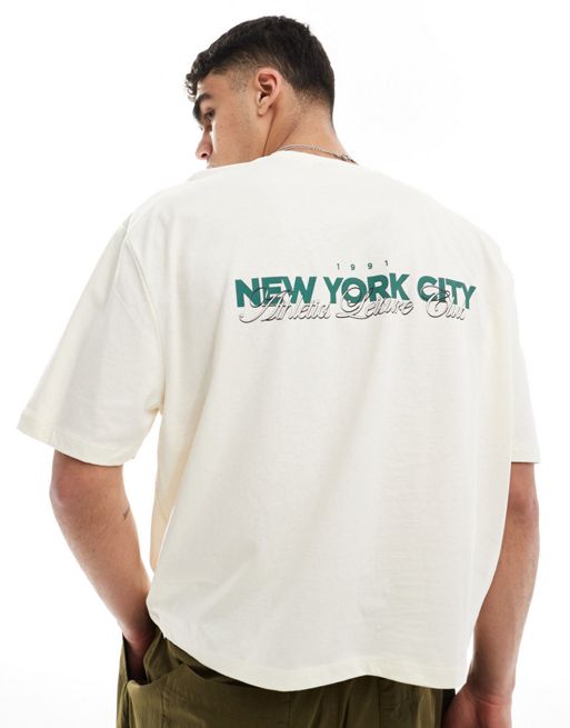 CerbeShops DESIGN - T-shirt squadrata oversize color bianco sporco con stampa di New York sul retro
