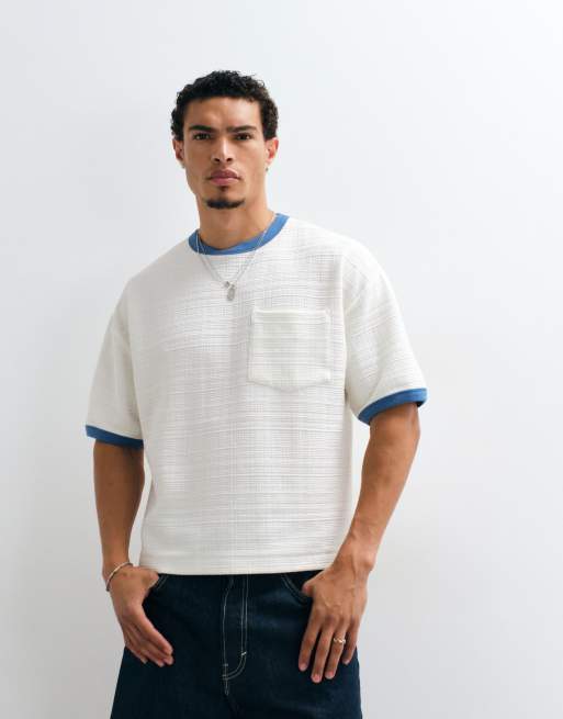 ASOS DESIGN - T-shirt squadrata oversize color crema testurizzata con bordi a contrasto e tasca, 2 di 5