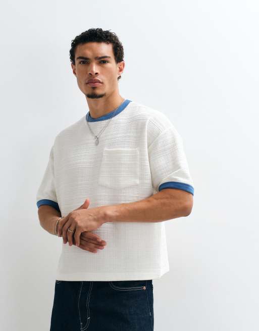 ASOS DESIGN - T-shirt squadrata oversize color crema testurizzata con bordi a contrasto e tasca, 5 di 5