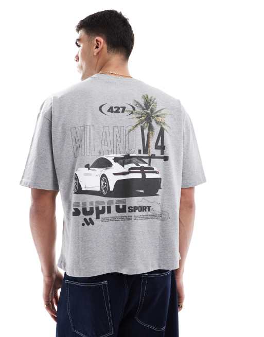 ASOS DESIGN - T-shirt squadrata oversize color grigio mélange con grafica di auto