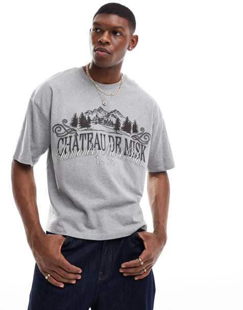 ASOS DESIGN - T-shirt squadrata oversize color grigio mélange con grafica di paesaggio sul petto - view 1