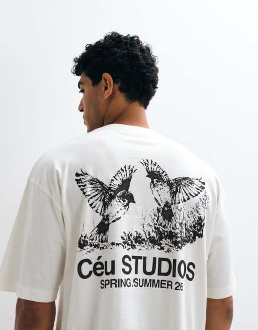 ASOS DESIGN - T-shirt squadrata oversize color panna con grafica di uccelli