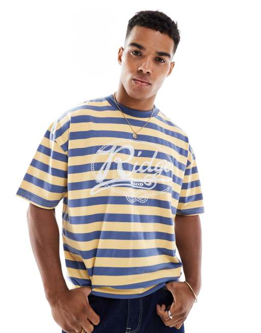 ASOS DESIGN - T-shirt squadrata oversize color sabbia e blu a righe con grafica sul davanti