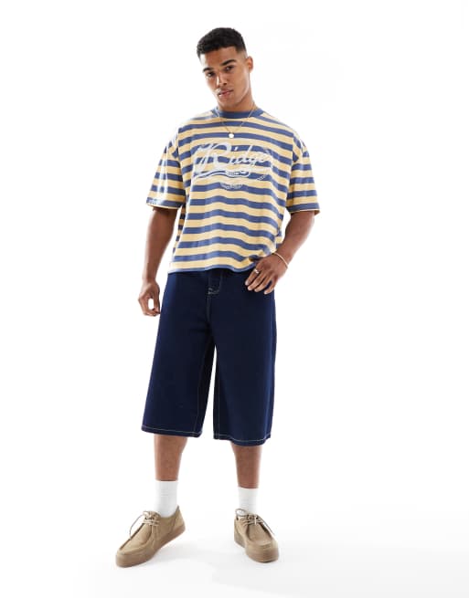 ASOS DESIGN - T-shirt squadrata oversize color sabbia e blu a righe con grafica sul davanti, 3 di 4