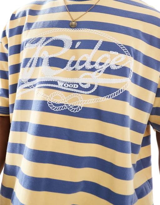 ASOS DESIGN - T-shirt squadrata oversize color sabbia e blu a righe con grafica sul davanti, 4 di 4