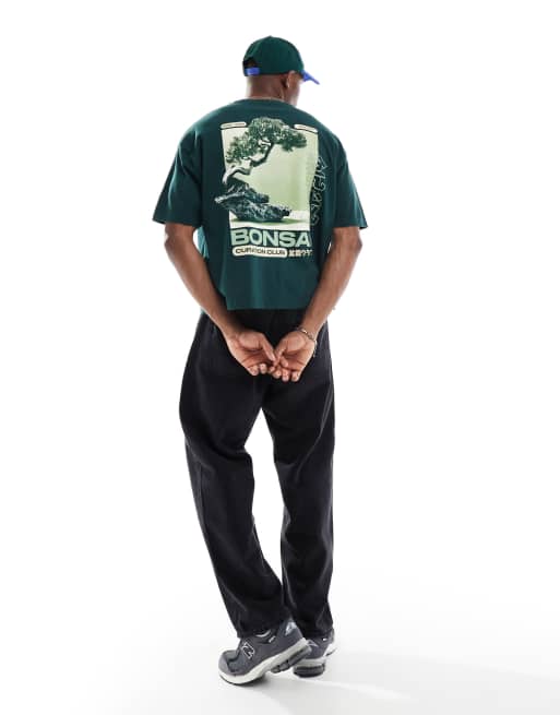 ASOS DESIGN - T-shirt squadrata oversize color verde scuro con grafica di bonsai
