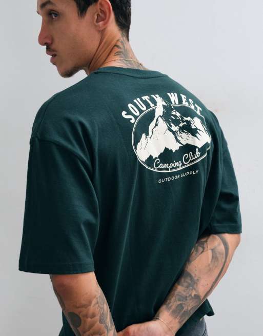 ASOS DESIGN T-shirt squadrata oversize con grafica montagna in verde scuro, 1 di 5