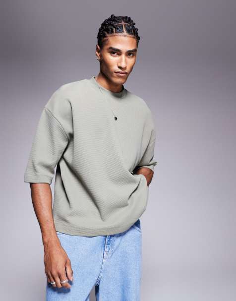 ASOS DESIGN - T-shirt squadrata oversize con mezze maniche in tessuto a nido d'ape color kaki - view 1