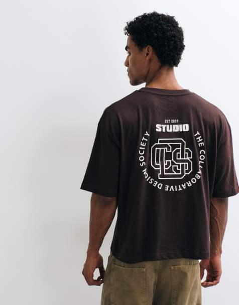 ASOS DESIGN t-shirt squadrata oversize con ricamo testuale marrone - view 1