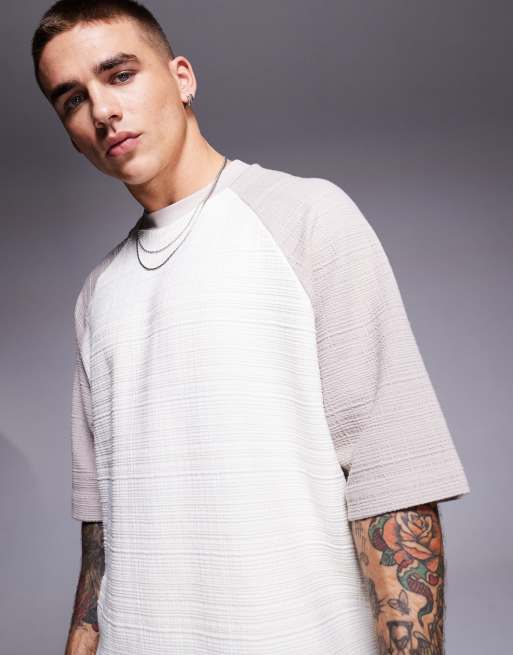 ASOS DESIGN - T-shirt squadrata oversize écru testurizzata con maniche raglan a contrasto
