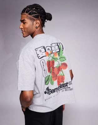 ASOS DESIGN - T-Shirt squadrata oversize grigio mélange con stampa di frutta sul davanti e sul retro - view 1
