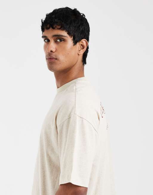 ASOS DESIGN - T-shirt squadrata oversize in misto lino beige con scritta sul retro , 5 di 5