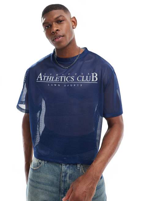 ASOS DESIGN - T-shirt squadrata oversize in rete sportiva color blu navy con stampa sul petto