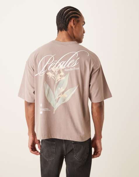 ASOS DESIGN - T-shirt squadrata oversize in tessuto pesante color marrone slavato con grafica a fiori - view 1