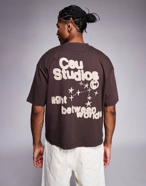 ASOS DESIGN - T-Shirt squadrata oversize marrone con stampa sul davanti e sul retro - view 1