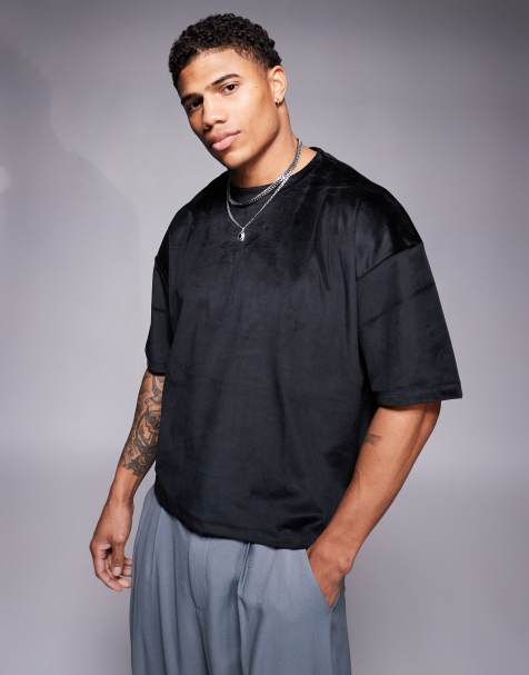 ASOS DESIGN - T-shirt squadrata oversize nera in velour - view 1