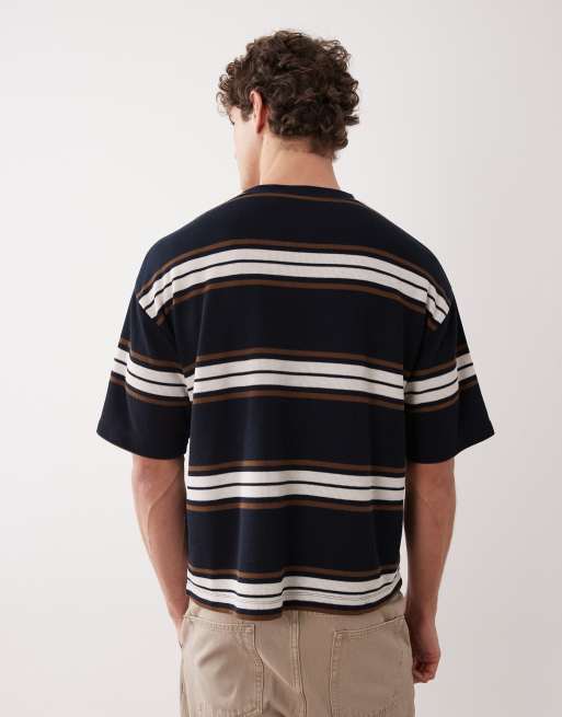 ASOS DESIGN - T-shirt squadrata oversize pesante a righe scure con ricamo sul petto, 3 di 5