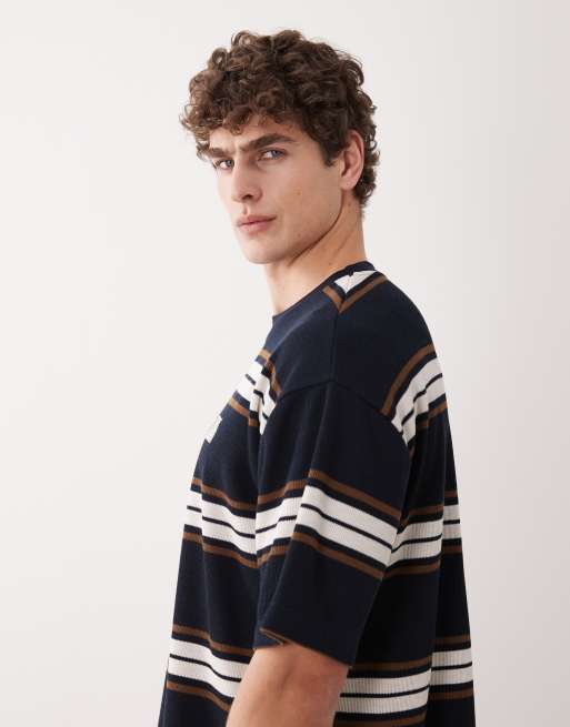 ASOS DESIGN - T-shirt squadrata oversize pesante a righe scure con ricamo sul petto, 4 di 5