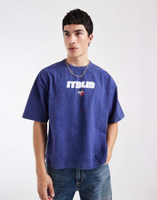 ASOS DESIGN - T-shirt squadrata oversize pesante lavaggio blu navy con grafica Italia, 3 di 5
