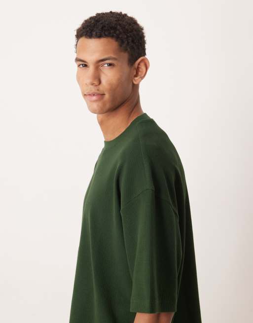ASOS DESIGN - T-shirt squadrata oversize verde scuro a nido d'ape, 4 di 5