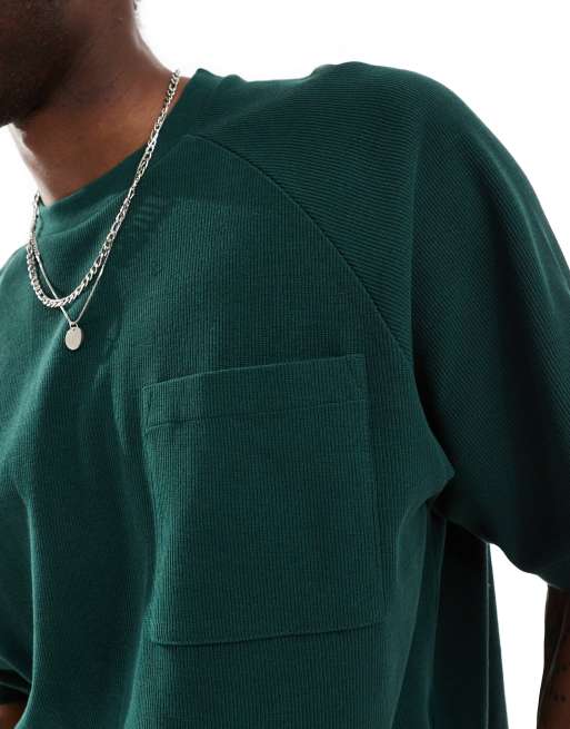 ASOS DESIGN - T-shirt squadrata oversize verde scuro con tasca e maniche raglan, 3 di 4