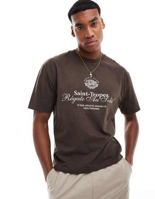 ASOS DESIGN - T-shirt squadrata taglio comodo marrone con stampa sul petto