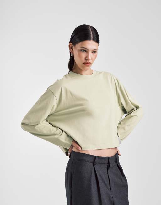 ASOS DESIGN - T-shirt squadrata taglio corto verde oliva a maniche lunghe