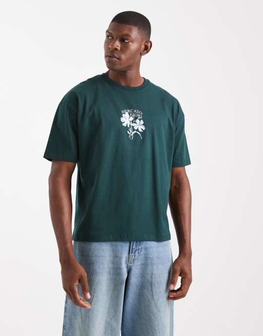 ASOS DESIGN - T-shirt squadrata verde scuro con stampa a fiori, 3 di 5