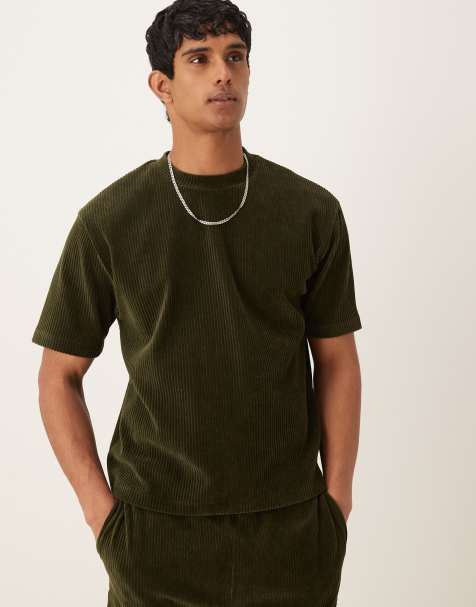 ASOS DESIGN - T-shirt squadrata vestibilità comoda in velour color verde scuro a coste in coordinato - view 1