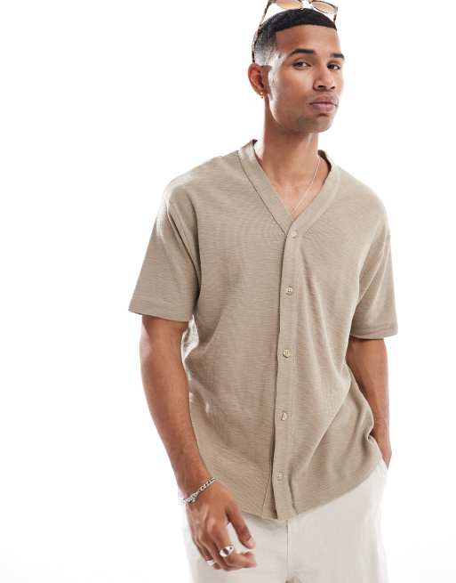 ASOS DESIGN - T-shirt stile baseball color pietra lavorata a nido d'ape