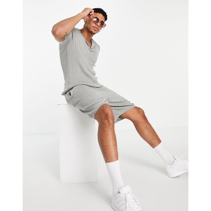 Polo Uomo DESIGN - T-shirt stile polo in maglia a trecce grigio chiaro