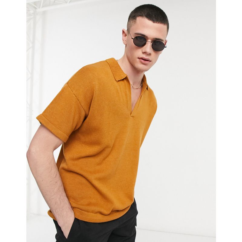  PBox4 DESIGN - T-shirt stile polo in maglia di media pesantezza con rever marrone chiaro