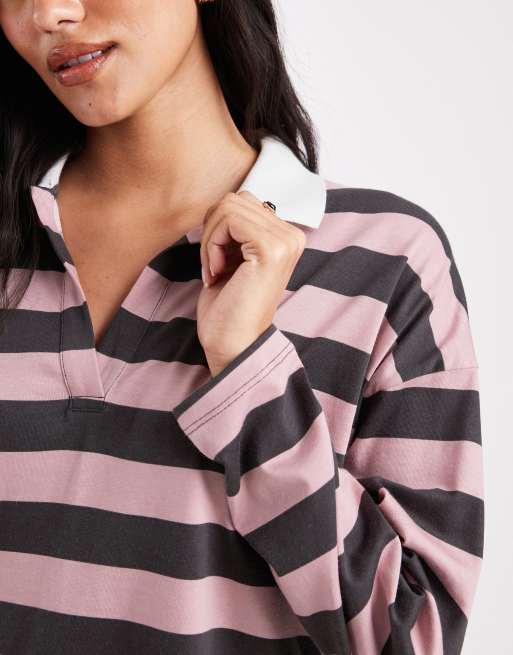 ASOS DESIGN - T-shirt stile rugby a maniche lunghe a righe cioccolato e malva, 2 di 4