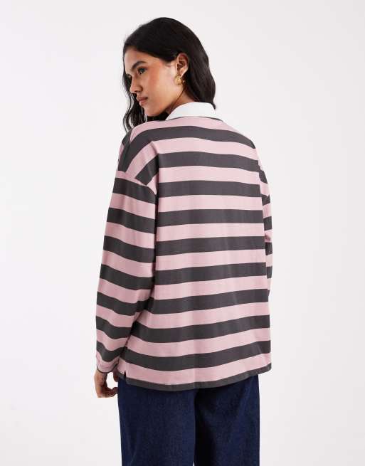 ASOS DESIGN - T-shirt stile rugby a maniche lunghe a righe cioccolato e malva, 3 di 4