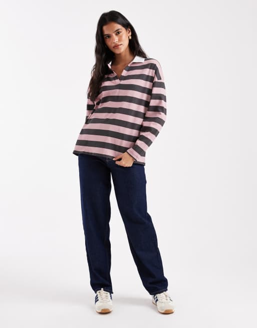 ASOS DESIGN - T-shirt stile rugby a maniche lunghe a righe cioccolato e malva, 4 di 4