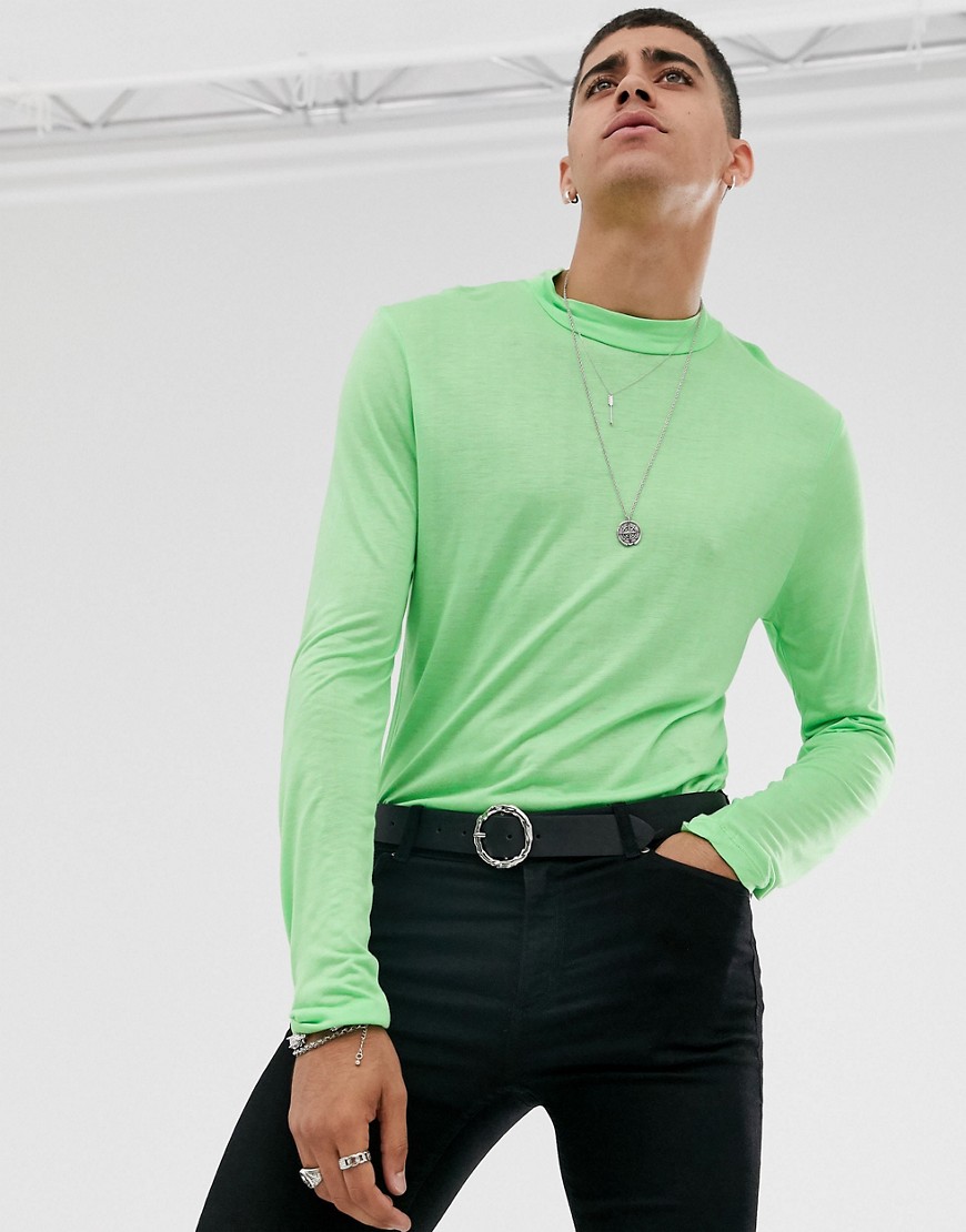 ASOS DESIGN - T-shirt stretch a maniche lunghe in viscosa drappeggiata verde fluo