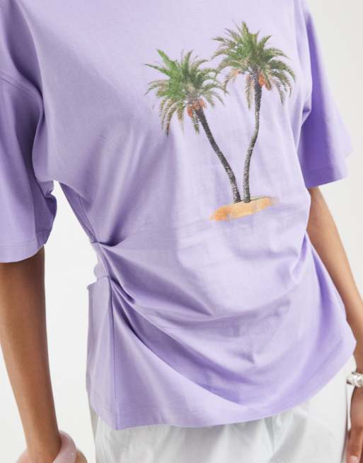 ASOS DESIGN - T-shirt stretta in vita lilla con stampa di palme, 3 di 4