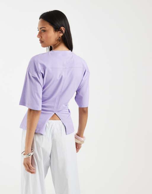 ASOS DESIGN - T-shirt stretta in vita lilla con stampa di palme, 4 di 4