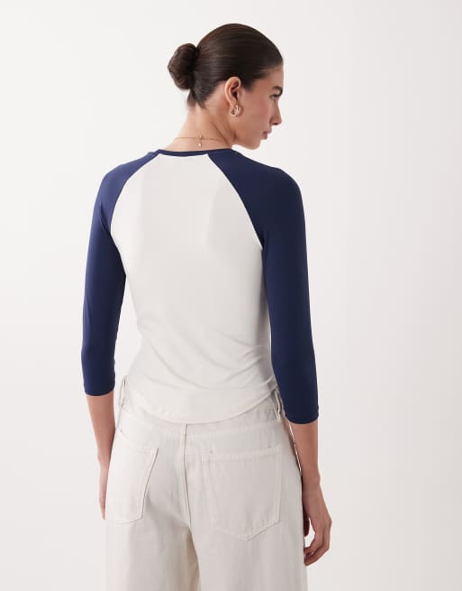 ASOS DESIGN - T-shirt style baseball en polyamide à manches trois-quarts - Bleu marine, 4 de 4