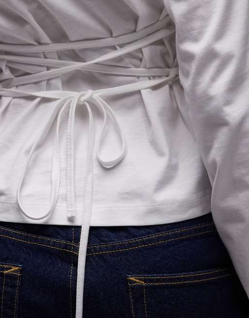 ASOS DESIGN - T-shirt style corset manches longues noué au dos - Blanc, 2 de 4